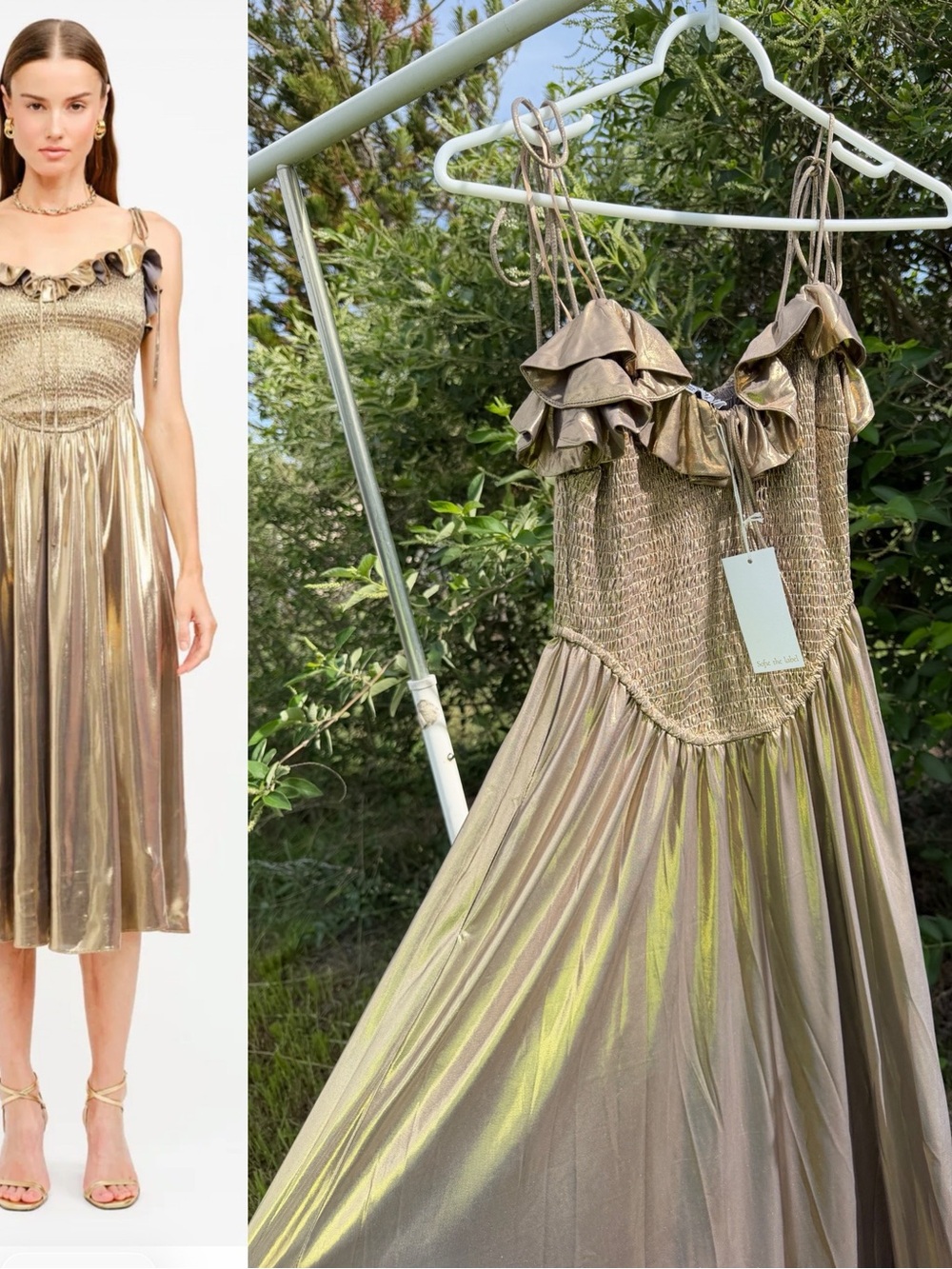 Gold Metallic Ruffle Midi Dress